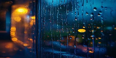 夜晚窗边雨滴打在玻璃上的特写，温暖室内灯光映衬，治愈助眠氛围