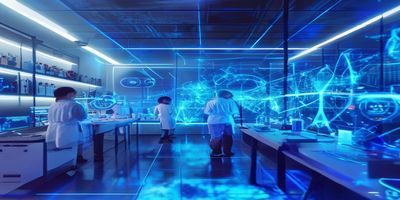 科学实验室内研究人员查看脑波图，蓝色科技感背景，展示ASMR神经科学研究场景